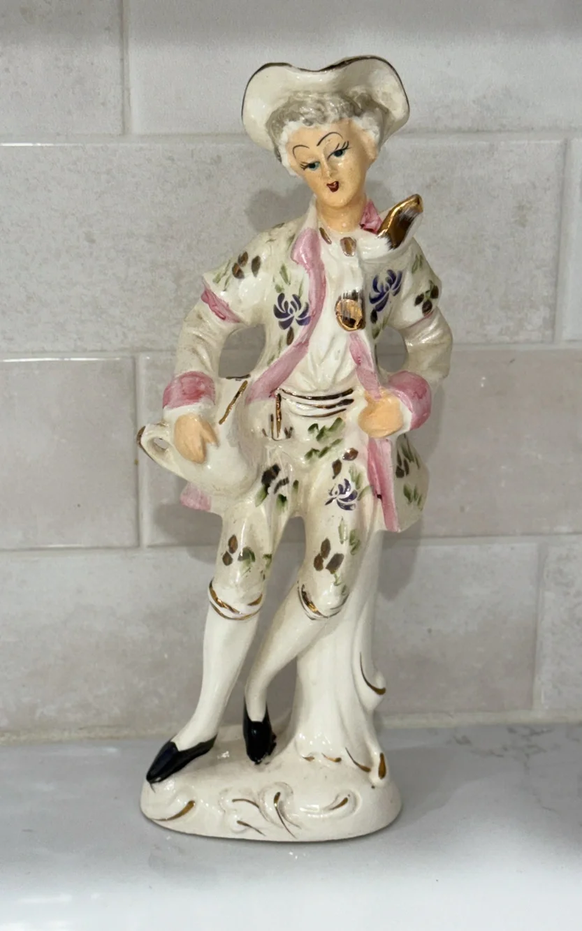Vintage Porcelain Rococo Courting Couple Figurines Japan Gold Floral Set Regency